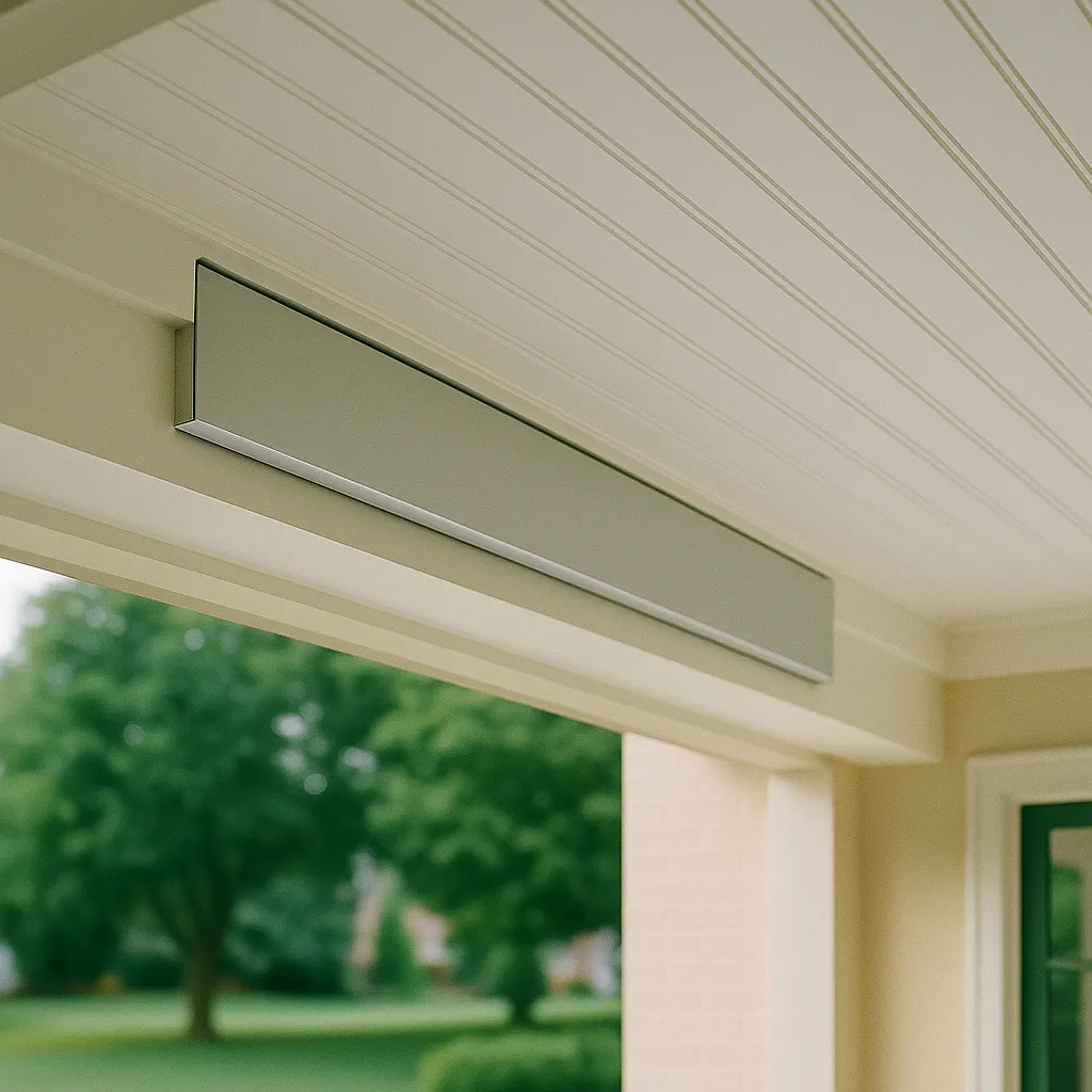 Recessed motorized screen housing flush-mounted into porch ceiling, clean architectural installation