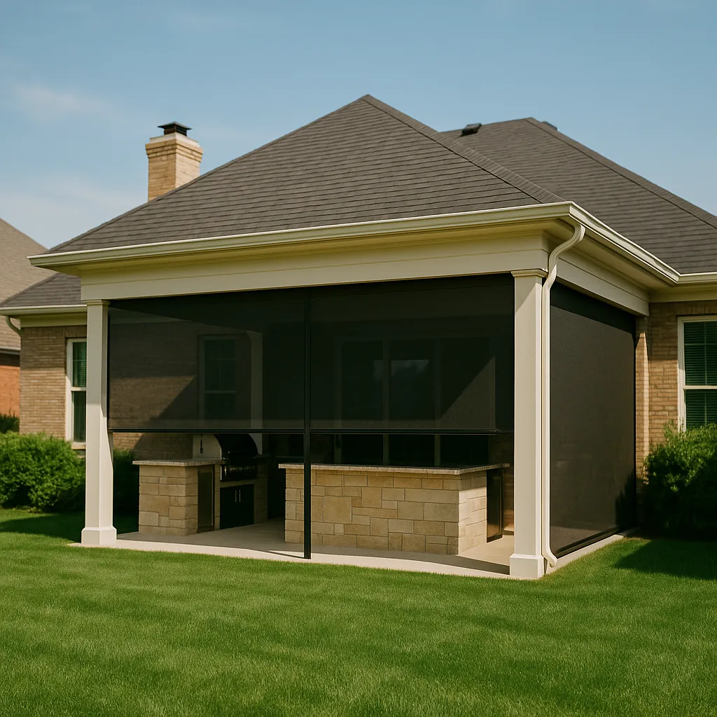 Modern Beaumont Northern Kentucky home with large covered patio and motorized screens