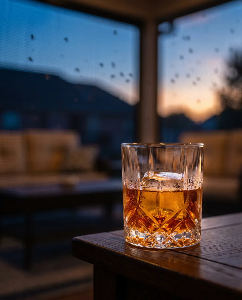 Bourbon glass on a screened Northern Kentucky porch at dusk — mosquitoes pressed against the mesh outside, bourbon inside