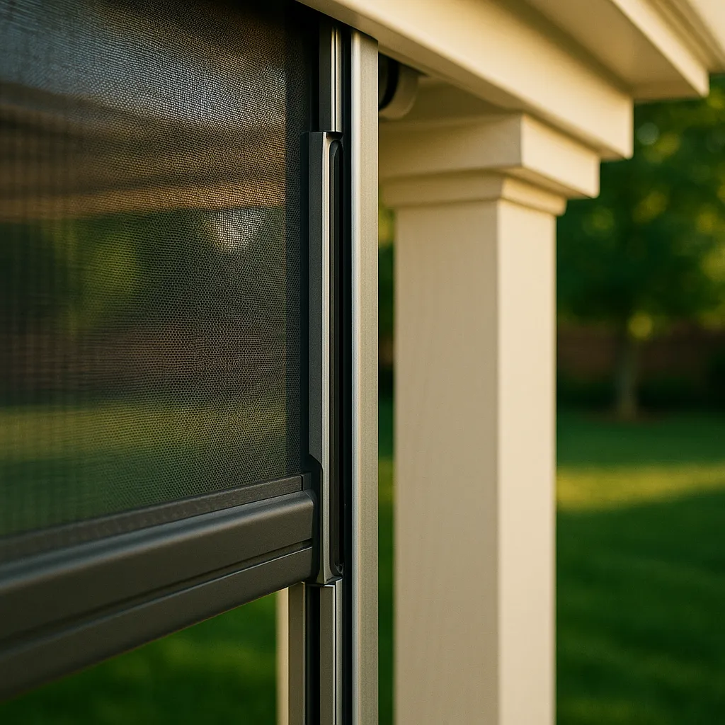 Close-up of motorized retractable screen system with magnetic track detail